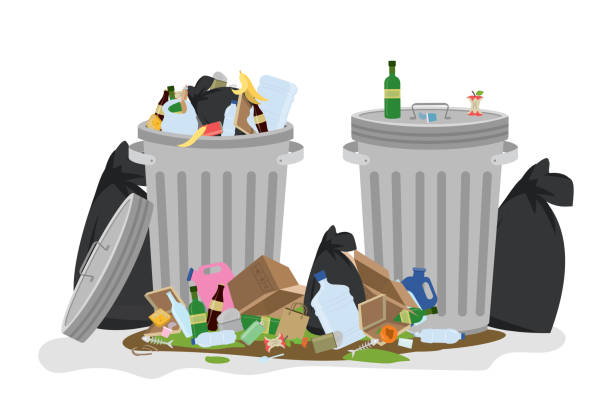 ilustrações de stock, clip art, desenhos animados e ícones de two metal trash cans with piles of garbage. dirty trash and garbage bags on the floor. - backgrounds dirty metal industry