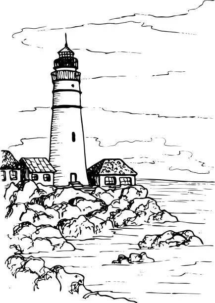 Vector illustration of Vector landscape with a lighthouse on a rocky shore