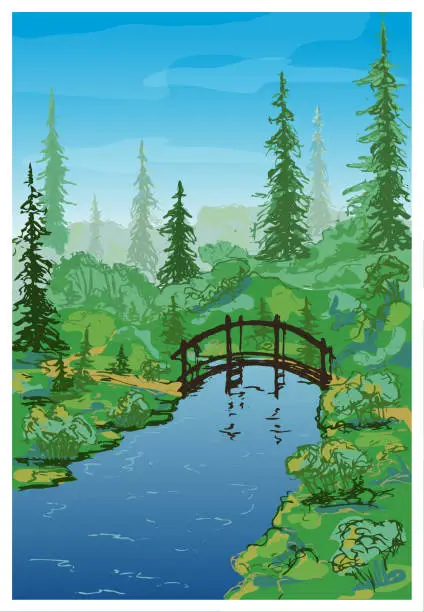 Vector illustration of Vector forest landscape with a wooden bridge over a stream