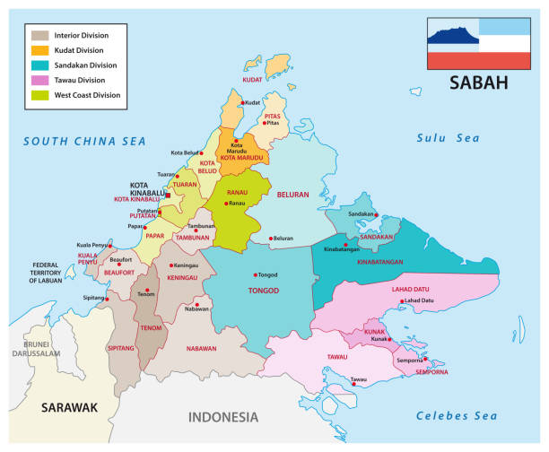 ilustrações de stock, clip art, desenhos animados e ícones de administrative and political map of the malayan state sabah with flag - sarawak state