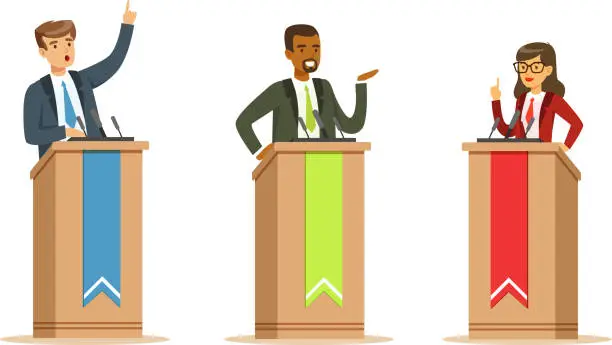 Vector illustration of Young Politician Male And Female Speakers Behind Rostrum In Debates Vector Illustration Set Isolated On White Background