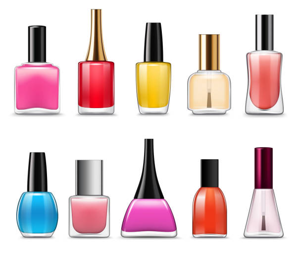Bottles of nail polish, varnish, enamel. Manicure Nail polish bottles with colorful nail varnish and enamel 3d vector template. Lacquer glass containers of manicure and pedicure cosmetics, protection and decoration of fingernails and toenails theme nail polish stock illustrations