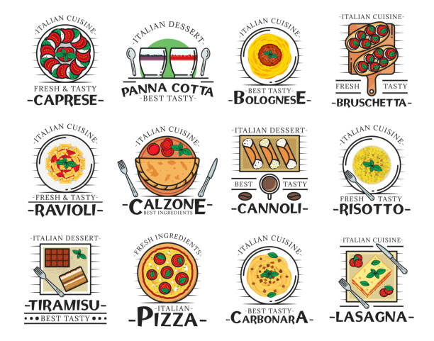 ilustrações, clipart, desenhos animados e ícones de pizza, macarrão, espaguete e lasanha. comida italiana - mozzarella salad caprese salad olive oil