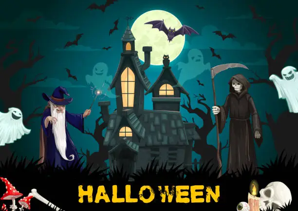 Vector illustration of Haunted house with Halloween ghosts, wizard, bats