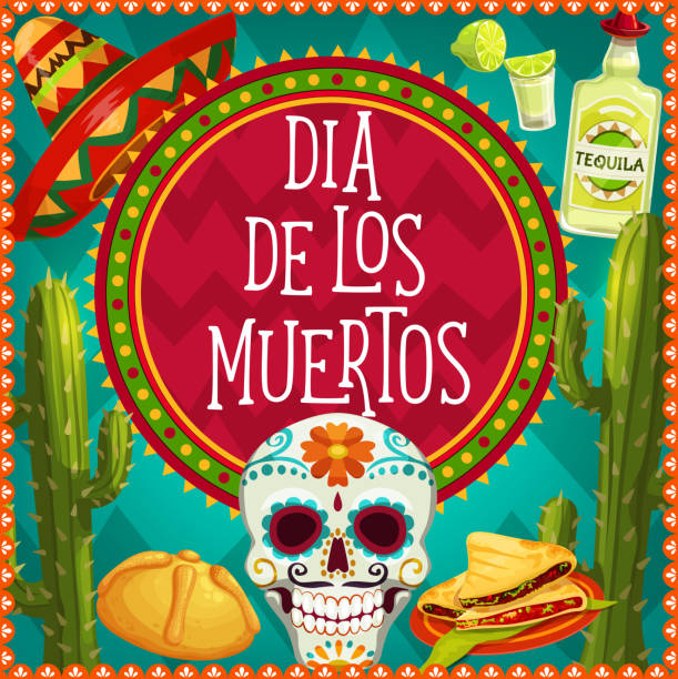 ilustrações de stock, clip art, desenhos animados e ícones de dead day sugar skull, bread, sombrero and tequila - carnival spirit