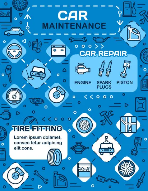 Vector illustration of Car spare parts, vehicle wheel tire. Auto service