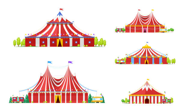 ilustraciones, imágenes clip art, dibujos animados e iconos de stock de circo grandes tiendas de campaña, carpas de carnaval con banderas - balloon isolated celebration large