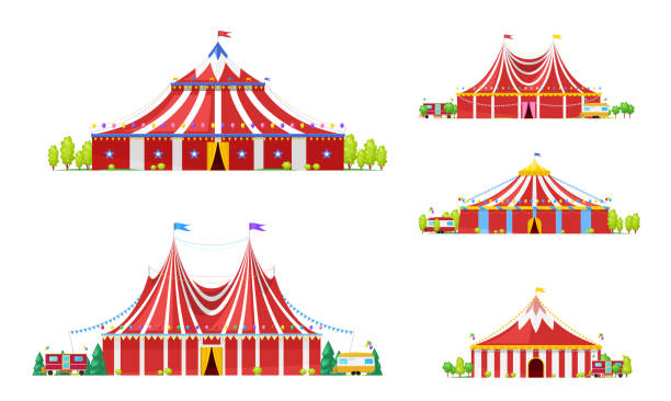 цирк большие верхние палатки, карнавальные шатеры с флагами - circus tent stock illustrations