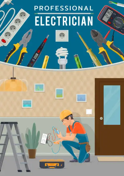 Vector illustration of Electrician, electric tools and power equipment