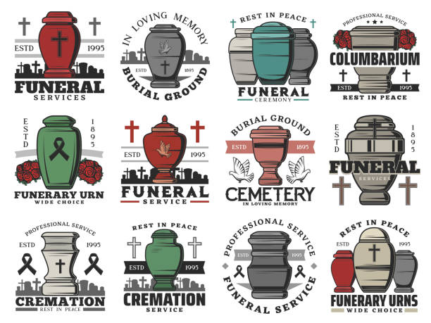 illustrazioni stock, clip art, cartoni animati e icone di tendenza di urne cremazione funebre, croci lapide del cimitero - graveside service
