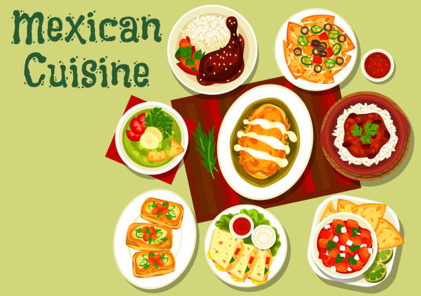 ilustraciones, imágenes clip art, dibujos animados e iconos de stock de nachos mexicanos, tortilla de carne, salsa de tomate - sweet chili