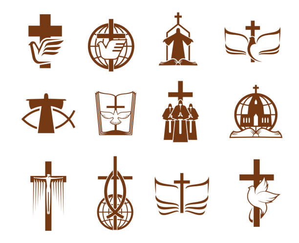 Cross, Bible, dove and priest, religion icons Jesus on cross, God Bible and dove vector icons of Christian religion. Religious prayers, priest and globes, angel, holy book and church, crucifix, praying hand and fish symbols of Christianity religious cross symbols stock illustrations