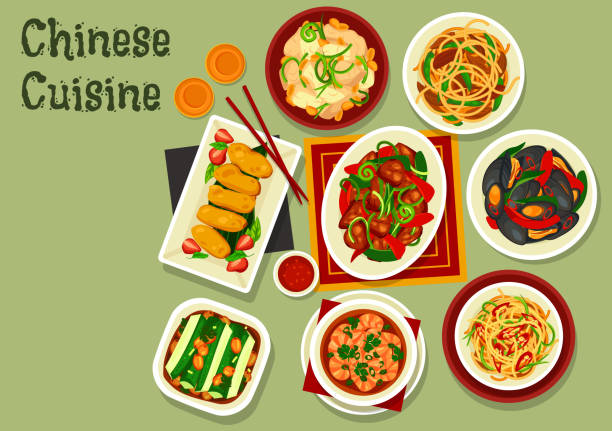 ilustraciones, imágenes clip art, dibujos animados e iconos de stock de fideos chinos con carne, mariscos y verduras - chopsticks stir fried vegetable beef