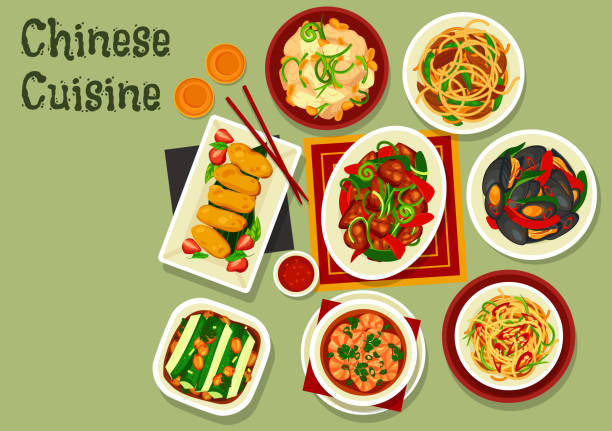 ilustrações de stock, clip art, desenhos animados e ícones de chinese noodles with meat, seafood and veggies - prawn prepared shrimp chili pepper spice