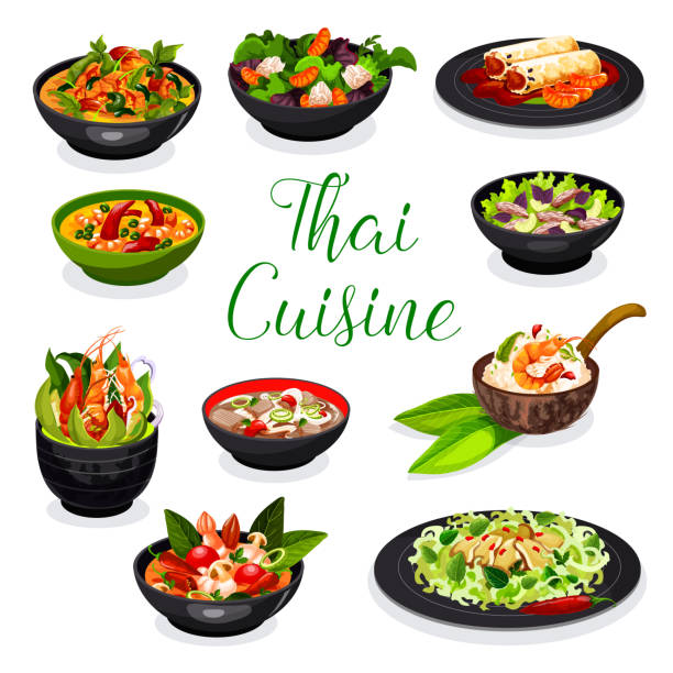 kuchnia tajska zupa, sałatka i dania z sajgonki - thailand thai cuisine prawn tom yum soup stock illustrations