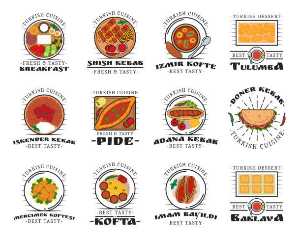 National turkish cuisine, dish icons Turkish cuisine food isolated dishes. Vector shish kebab and izmir kofte, tulumba and iskender kebab, pide and adana, doner kebab. Mercimek koftesi and kofta, imam bayildi and baklava dessert logos baklava stock illustrations