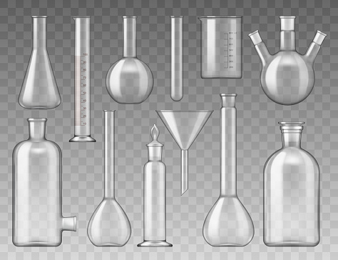 Vector chemistry, medical and pharmaceutical laboratory glass bottles and containers, tests tubes, flasks and funnels. Isolated glass objects
