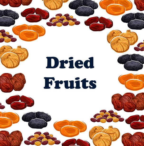 Vector dried and sweet fruits Dried fruits frame of sweet food. Vector dates and raisins, apricots and prunes, figs and pineapple, cherries and apricots. Dry fruits, desserts snacks grape pruning stock illustrations