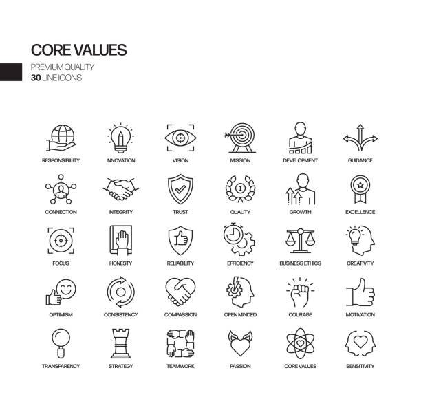 illustrations, cliparts, dessins animés et icônes de ensemble simple d'icônes de ligne vectorielle liées aux valeurs fondamentales. collection de symboles de contour. - décision