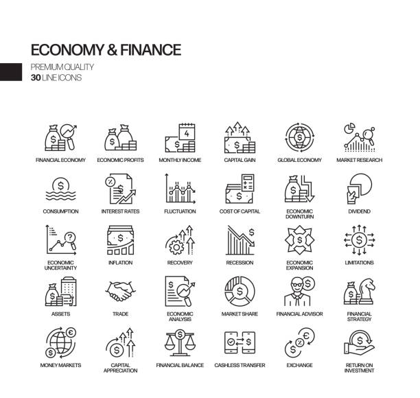 Simple Set of Economy and Finance Related Vector Line Icons. Outline Symbol Collection Simple Set of Economy and Finance Related Vector Line Icons. Outline Symbol Collection banking symbols stock illustrations