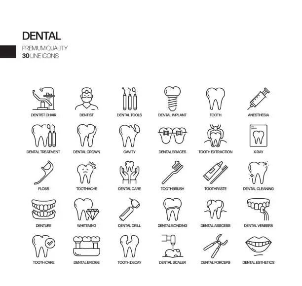 Vector illustration of Simple Set of Dental Related Vector Line Icons. Outline Symbol Collection
