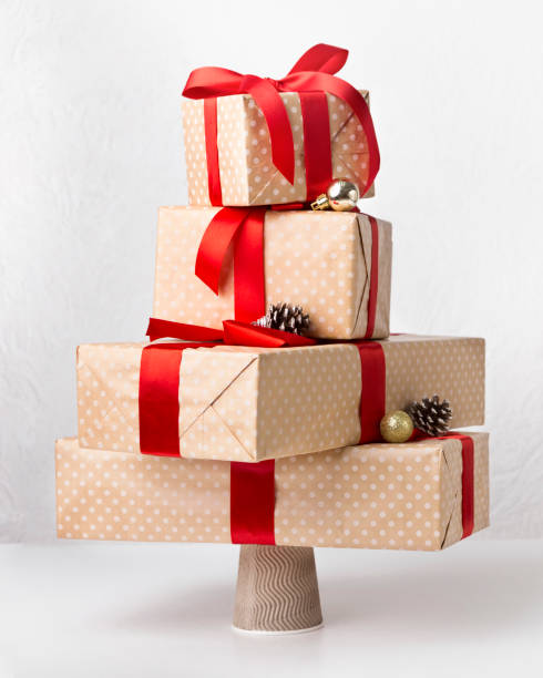 istock Close up of handmade gift boxes exposing in shape of tree 1186255571