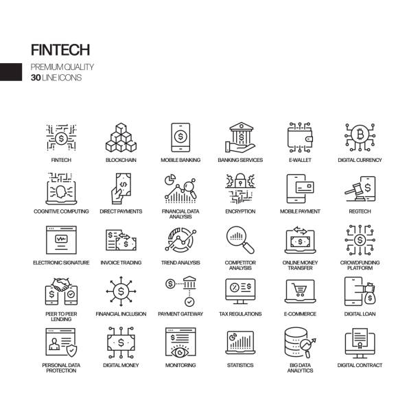 ilustraciones, imágenes clip art, dibujos animados e iconos de stock de conjunto simple de iconos de línea vectorial relacionados con fintech. colección de símbolos de esquema - tecnología de finanzas