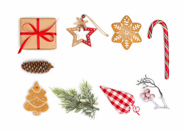 istock Copyspace in center of Christmas decoration objects isolated on white 1186257099