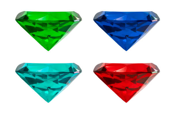 Set of 4 gemstones in different colors (blue, green, red, and turquoise) representing different gems (sapphire, emerald, ruby and aquamarine) isolated on white with clipping path