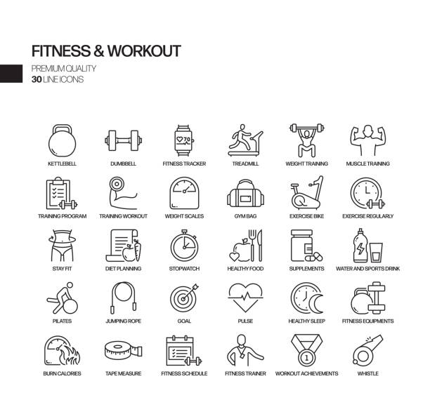 ilustraciones, imágenes clip art, dibujos animados e iconos de stock de conjunto simple de iconos de línea vectorial relacionados con el fitness y el entrenamiento. colección de símbolos de esquema - barbell exercising sport gym
