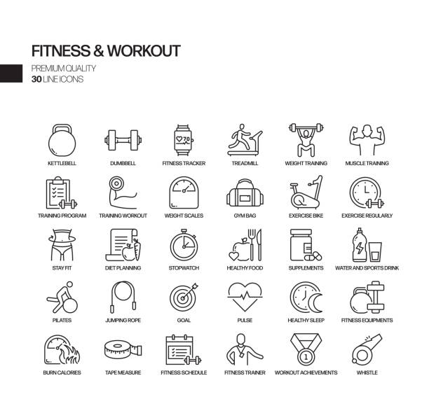 illustrations, cliparts, dessins animés et icônes de simple ensemble de fitness et d'entraînement liés icônes de la ligne vectorielle. collection de symboles de contour - stretching exercising gym silhouette