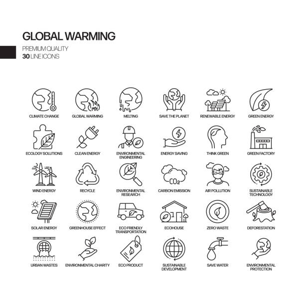 ilustraciones, imágenes clip art, dibujos animados e iconos de stock de conjunto simple de iconos de línea vectorial relacionados con el calentamiento global. colección de símbolos de esquema - greenhouse
