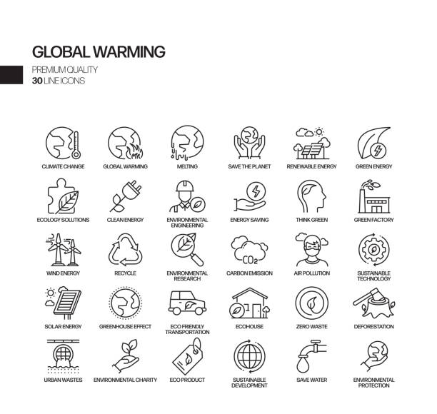 простой набор глобального потепления связанные вектор линии иконки. коллекция символов очертить - changing form climate global warming vector stock illustrations