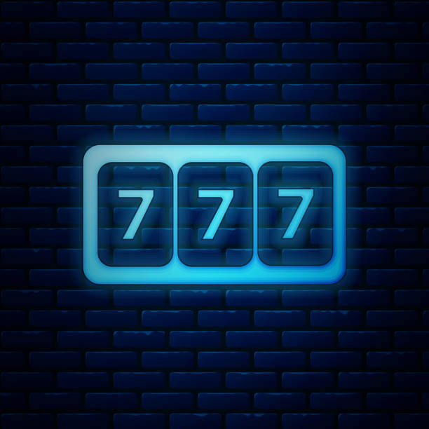 istock Glowing neon Slot machine with lucky sevens jackpot icon isolated on brick wall background.  Vector Illustration 1186261065