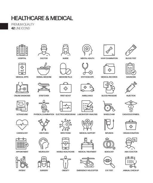 의료 및 의료 관련 벡터 라인 아이콘의 간단한 집합입니다. 윤곽선 기호 컬렉션 - medical equipment medical exam healthcare and medicine hospital stock illustrations