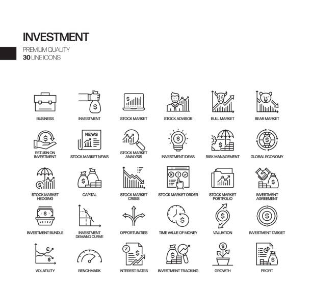 투자 관련 벡터 라인 아이콘의 간단한 집합입니다. 윤곽선 기호 컬렉션 - mutual fund stock illustrations