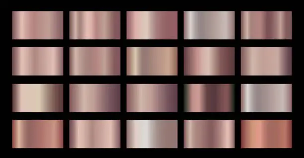 Vector illustration of Pink, Rose Gold Vector foil texture gradients templates set. Collection of pink metallic gradient illustration gradation for backgrounds, cover, frame, ribbon, banner, flyer, smartphone cover design