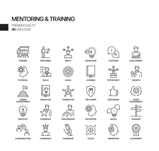 ilustraciones, imágenes clip art, dibujos animados e iconos de stock de conjunto simple de iconos de línea vectorial relacionados con mentoring y entrenamiento. colección de símbolos de esquema - learning and development
