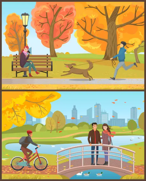 Vector illustration of Autumn Park, Man with Dog or Couple on Bridge