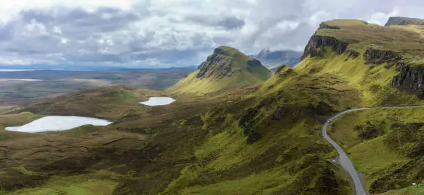 Panoramic image of spectacular scenery of The Quiraing on the Isle of Skye in summer , Scotland