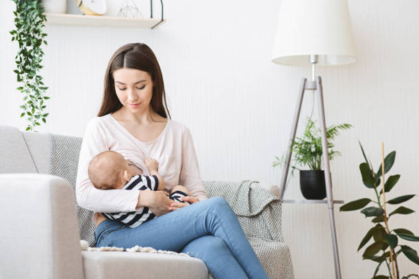 Beautiful young mother breastfeeding her baby on couch at home Lactation Concept. Beautiful young mother breastfeeding newborn baby on couch at home breast milk stock pictures, royalty-free photos & images
