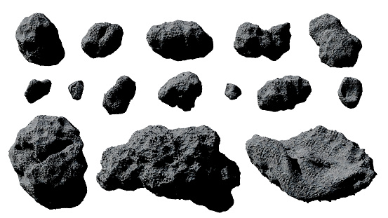 cutout set, group of flying asteroids on white ground