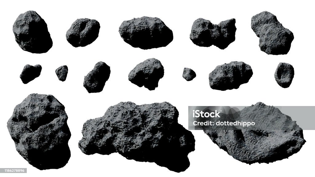 set of asteroids isolated on white background cutout set, group of flying asteroids on white ground Asteroid Stock Photo