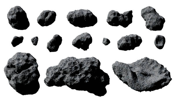 set of asteroids isolated on white background cutout set, group of flying asteroids on white ground meteorite photos stock pictures, royalty-free photos & images