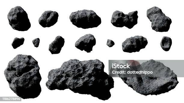 Set Of Asteroids Isolated On White Background Stock Photo - Download Image Now - Asteroid, Meteorite, Meteor