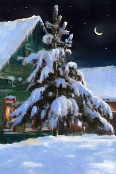 Christmas night in the village Christmas night in the village, oil painting christmas oil painting stock illustrations
