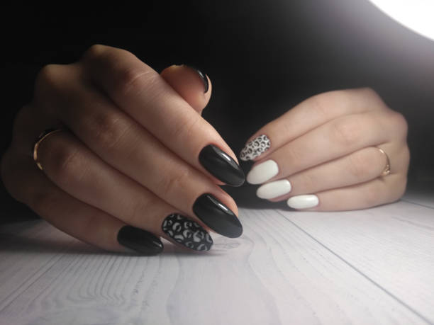 istock Black manicure with white leopard spots. White gel polish with a black leopard print design on a long round nails. 1186280012
