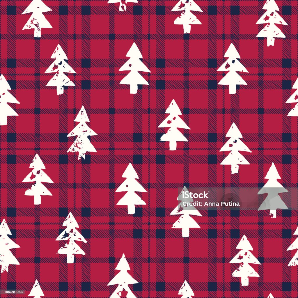 Silhouettes texturées blanches des arbres de Noel sur le modèle sans couture de vecteur de fond de Plaid à carreaux bleus et rouges - clipart vectoriel de Motif libre de droits