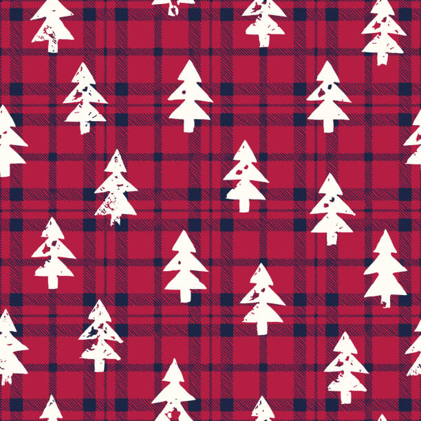 파란색과 빨간색 체크 무늬 격자 무늬 배경 벡터 원활한 패턴에 크리스마스 트리의 흰색 질감 실루엣 - plaid textile christmas pattern stock illustrations