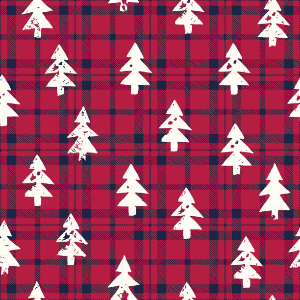 White Textured Silhouettes of Christmas Trees on Blue and Red Checkered Plaid Background Vector Seamless Pattern Rustic Woodland Vector Seamless Pattern with White Hand-Stamped Textured Silhouettes of Christmas Trees on Classic Blue and Red Checkered Plaid Background.Farmhouse Style Autumn, Winter Holidays Print buffalo check stock illustrations